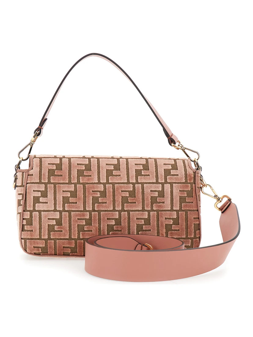 Baguette Pink Medium Shoulder Bag with All-Over FF Motif and FF Logo Plaque on the Front in Cotton Blend Woman
