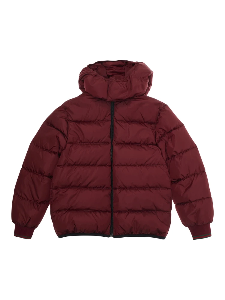 Bordeaux Down Jacket with Fixed Hood and Web Details on the Edges in Tech Fabric Boy
