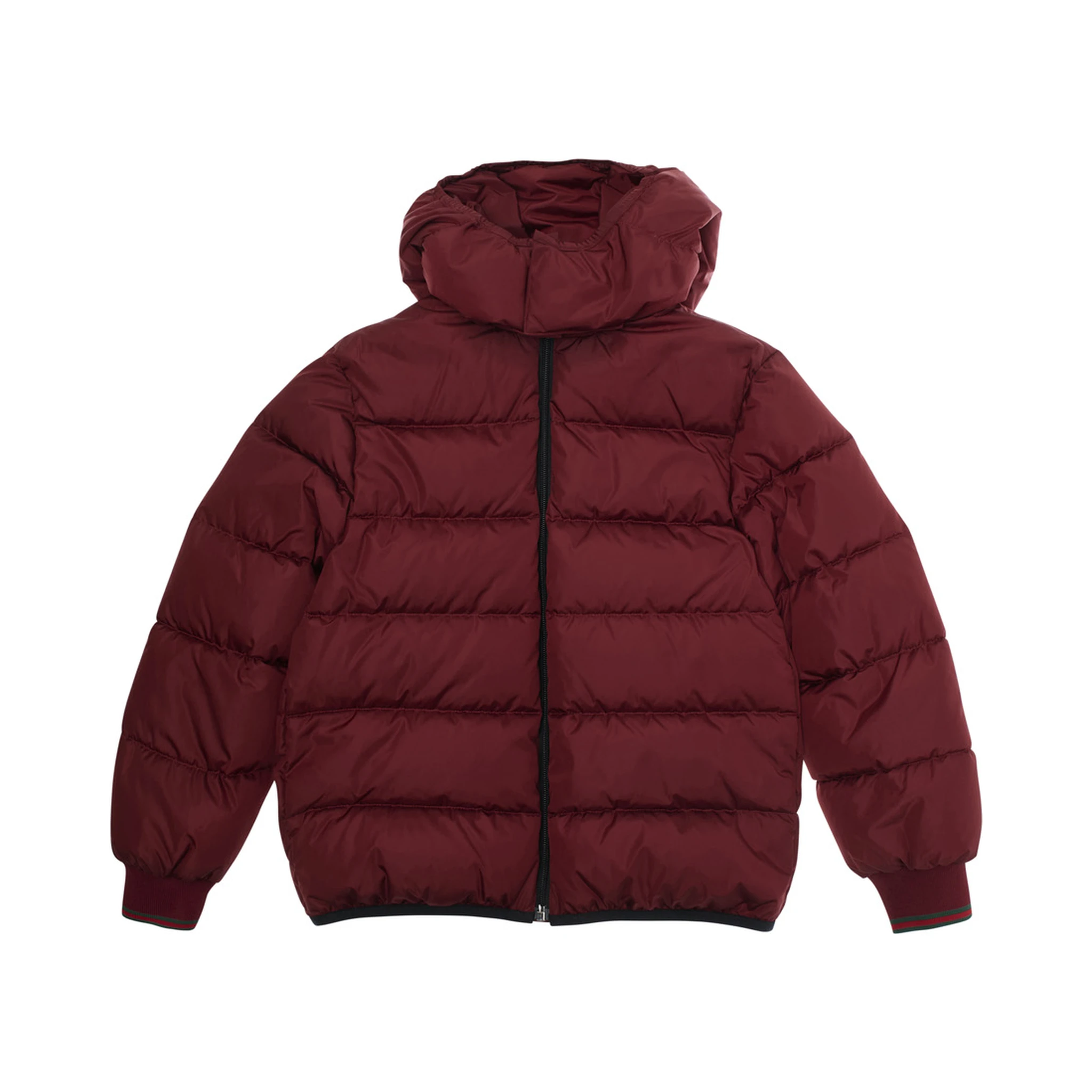 Bordeaux Down Jacket with Fixed Hood and Web Details on the Edges in Tech Fabric Boy