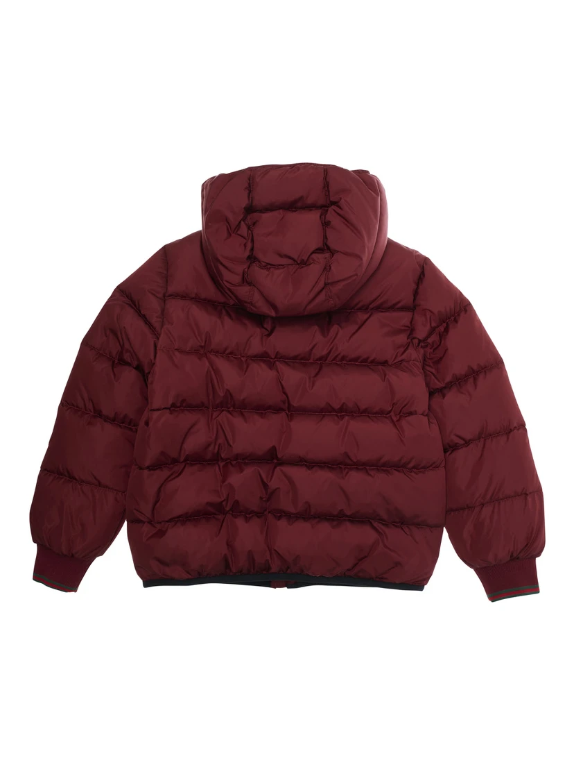 Bordeaux Down Jacket with Fixed Hood and Web Details on the Edges in Tech Fabric Boy