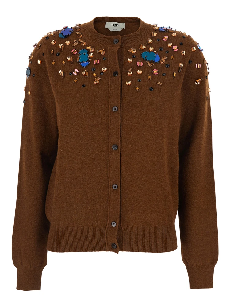 Brown Crewneck Cardigan with Rhinestone Embroidery in Wool and Cashmere Woman