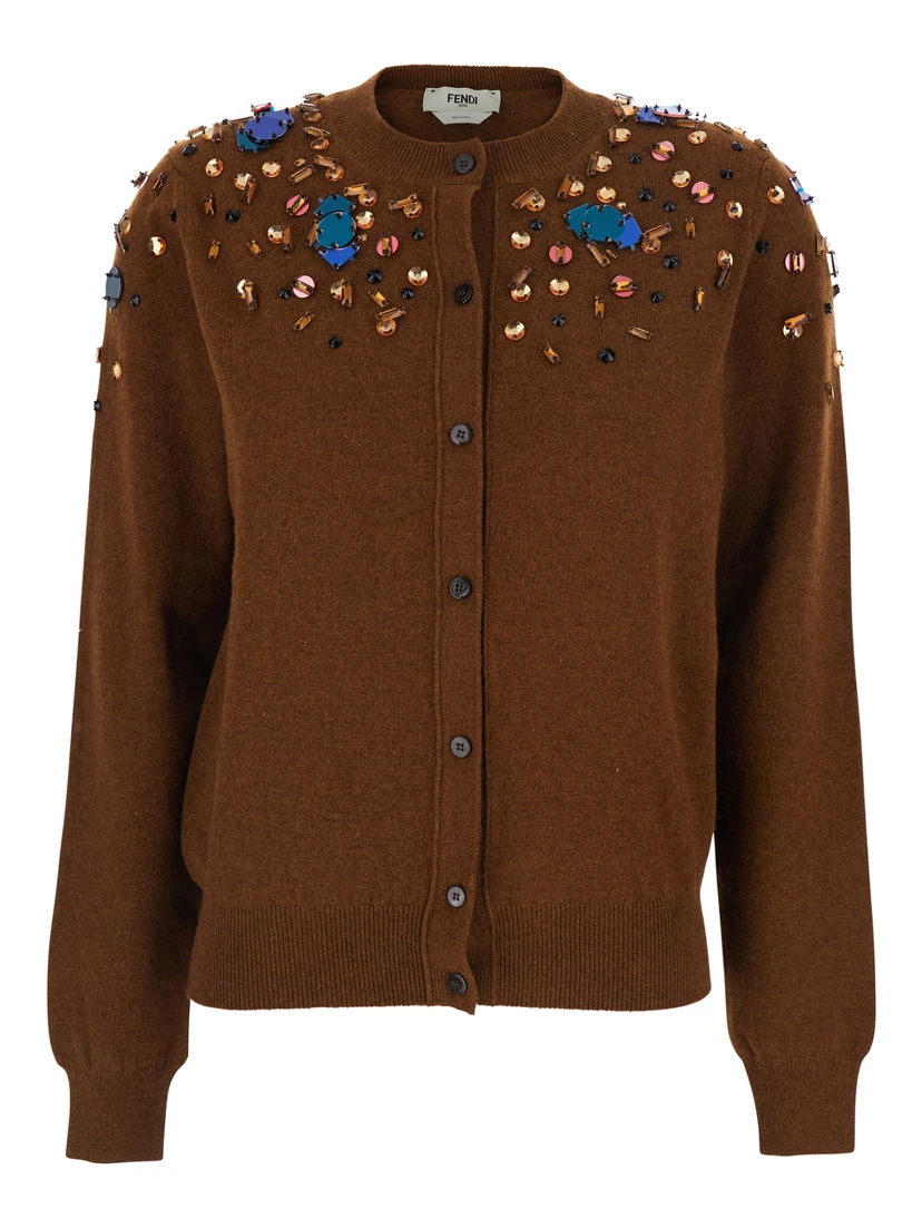 Brown Crewneck Cardigan with Rhinestone Embroidery in Wool and Cashmere Woman