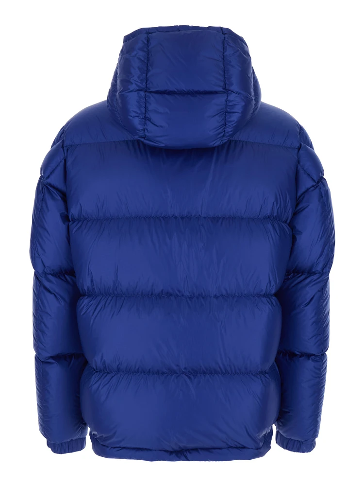 Rivau Blue Down Jacket with Fixed Hood and Logo Patch on the Sleeve in Tech Fabric Man