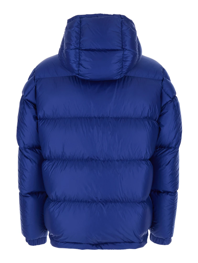 Rivau Blue Down Jacket with Fixed Hood and Logo Patch on the Sleeve in Tech Fabric Man