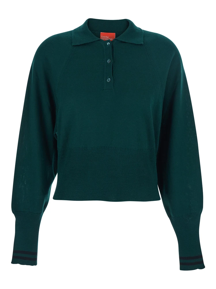 Green Polo Shirt with Wide Classic Collar and Long-Sleeve in Wool Woman