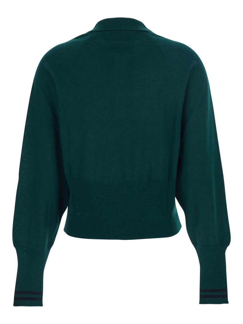 Green Polo Shirt with Wide Classic Collar and Long-Sleeve in Wool Woman
