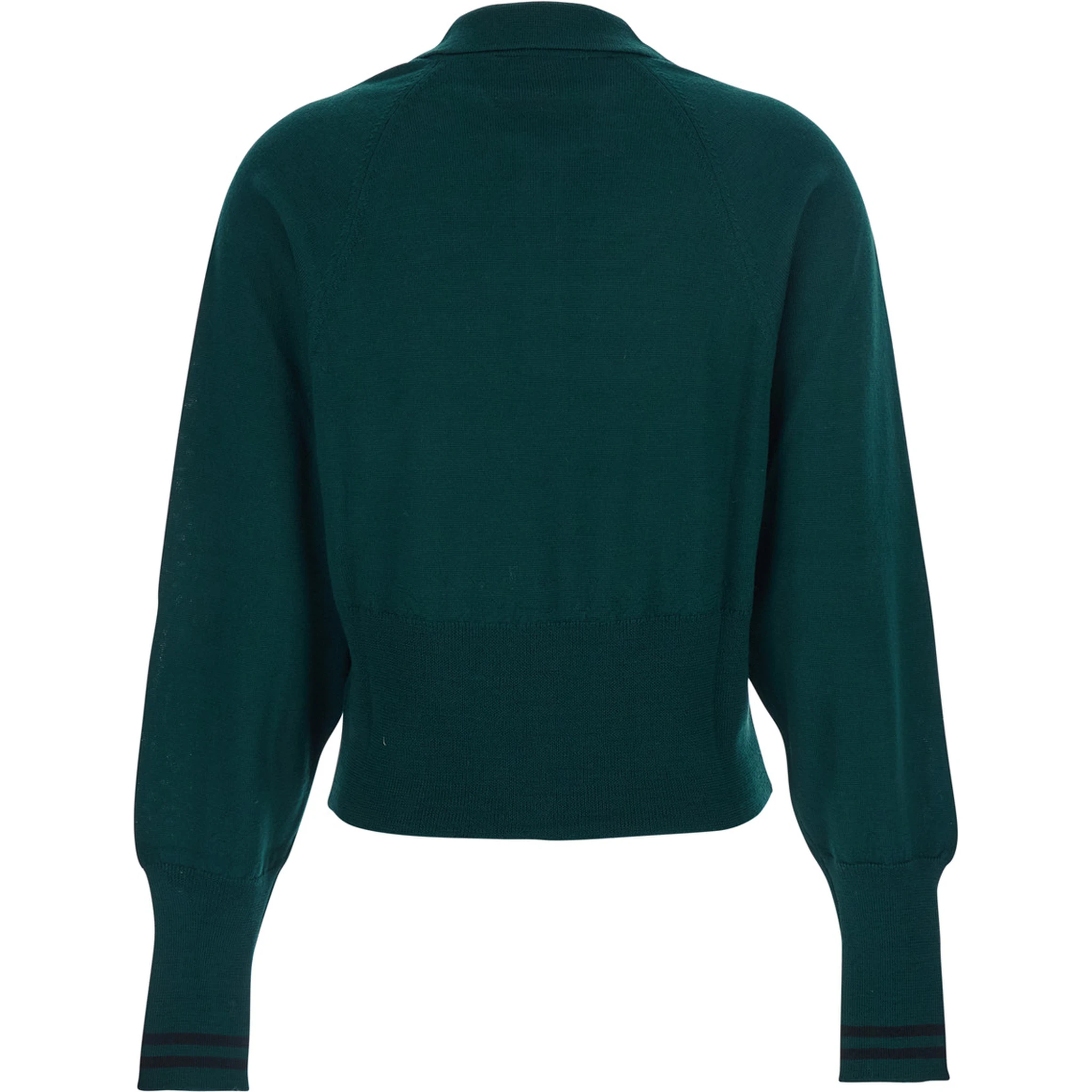 Green Polo Shirt with Wide Classic Collar and Long-Sleeve in Wool Woman