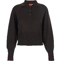 Brown Polo Shirt with Wide Classic Collar and Long-Sleeve in Wool Woman