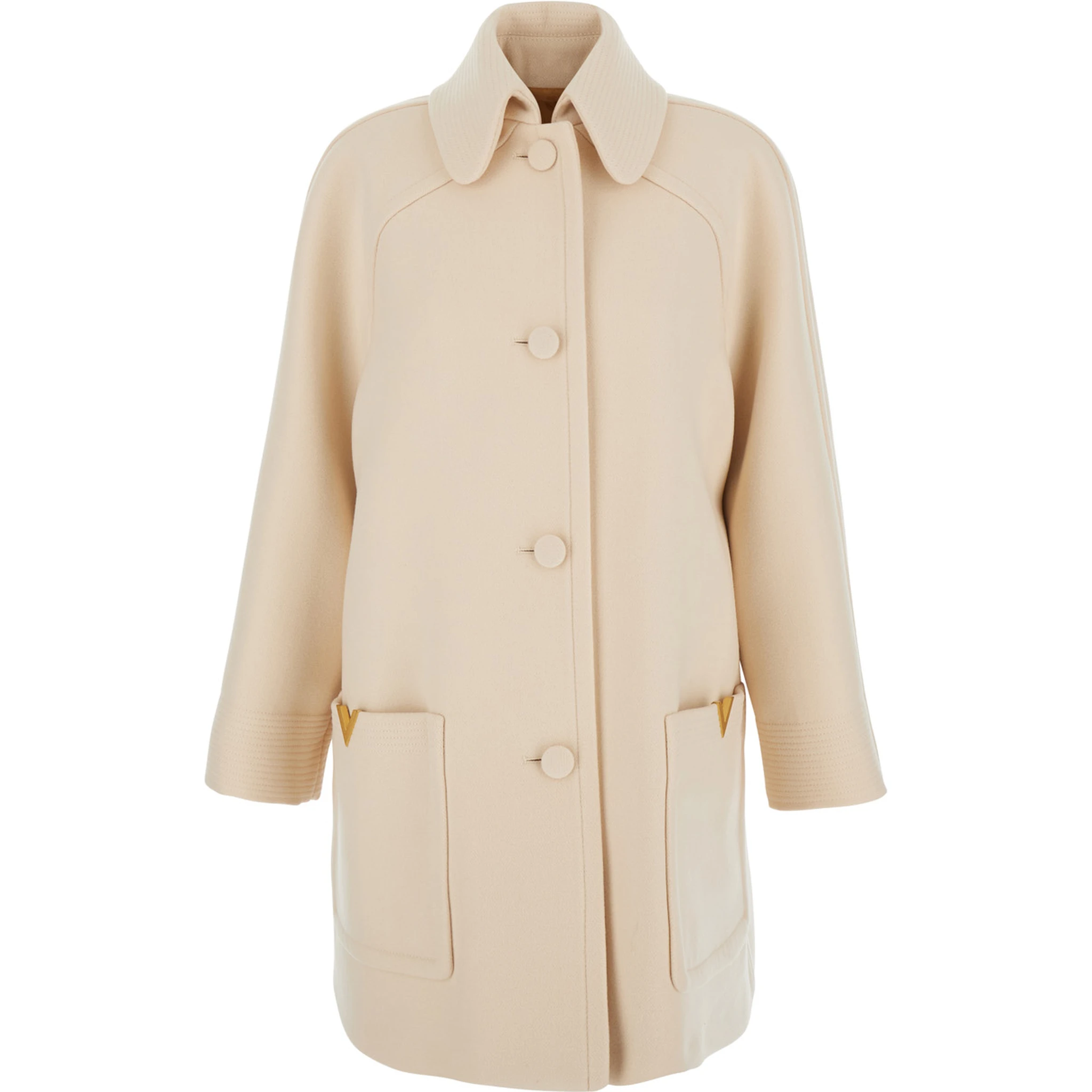 Beige Jacket with Pointed Collar and VLogo Plaque on the Pocket in Wool Woman