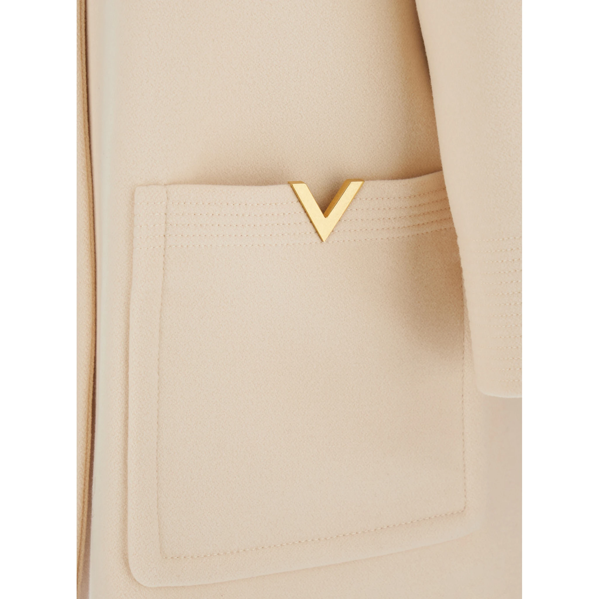 Beige Jacket with Pointed Collar and VLogo Plaque on the Pocket in Wool Woman