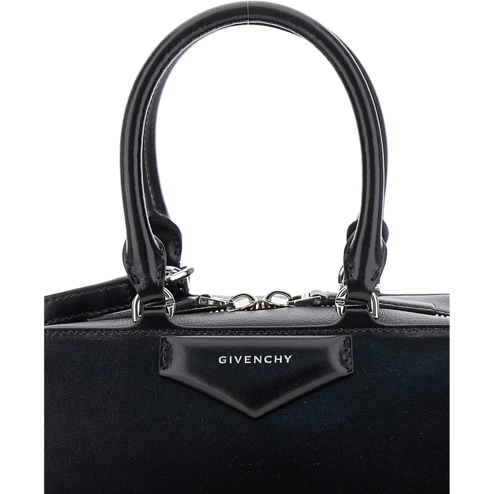 Antigona East West Black Small Handbag with Adjustable and Removable Shoulder Strap and Logo Lettering on the Front in Leather Woman