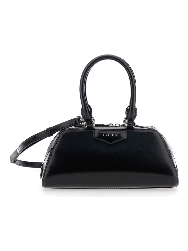 Antigona East West Black Mini Handbag with Adjustable and Removable Shoulder Strap and Logo Lettering on the Front in Leather Woman