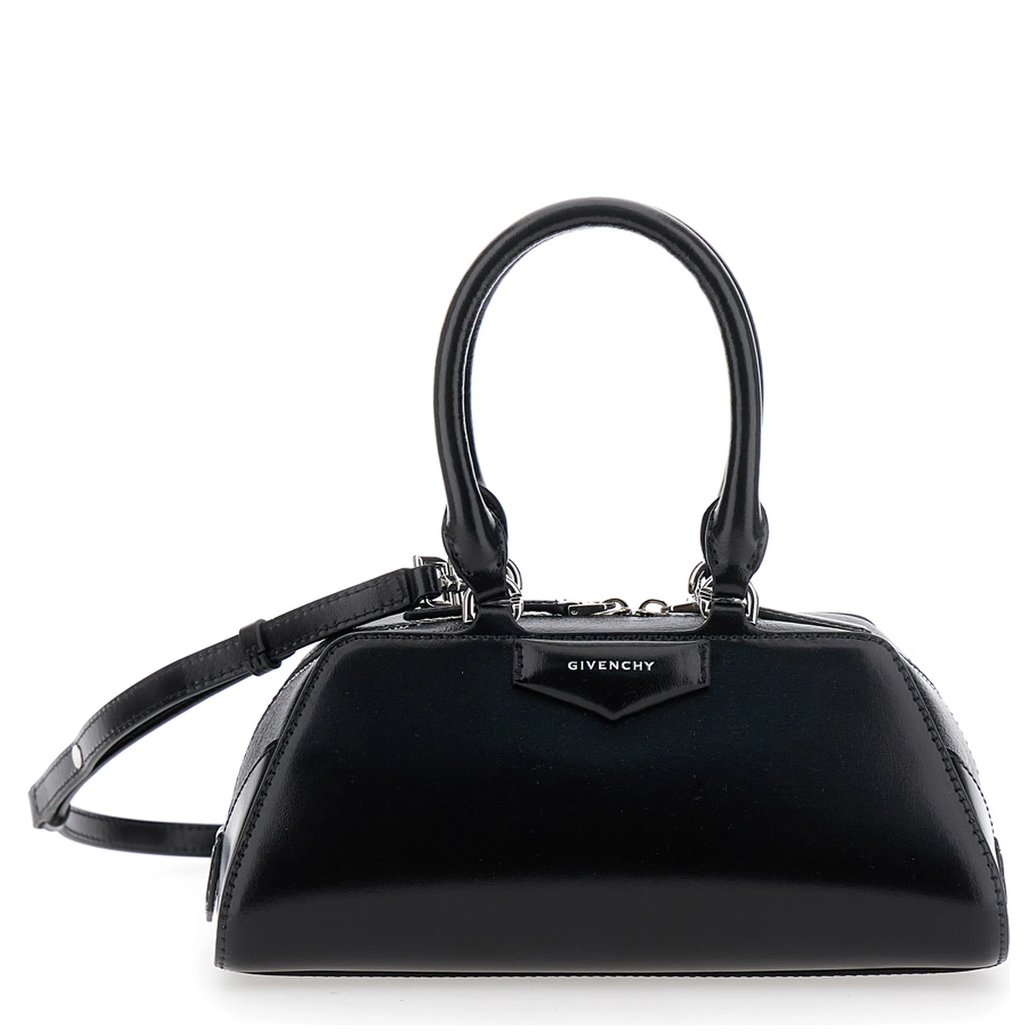Antigona East West Black Mini Handbag with Adjustable and Removable Shoulder Strap and Logo Lettering on the Front in Leather Woman