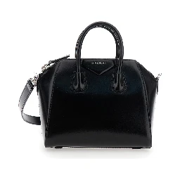 Antigona Small Black Handbag with Laminated Logo in Hammered Leather Woman