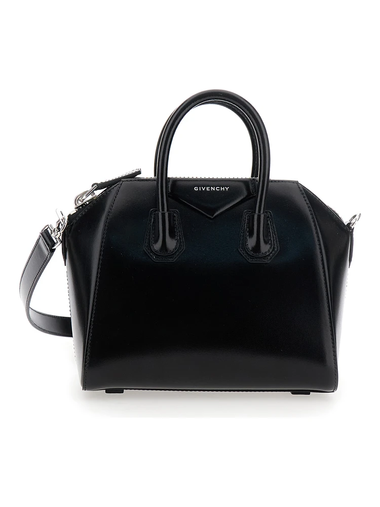 Antigona Small Black Handbag with Laminated Logo in Hammered Leather Woman