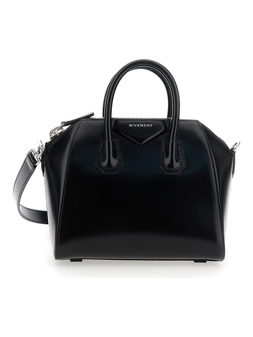 Antigona Small Black Handbag with Laminated Logo in Hammered Leather Woman