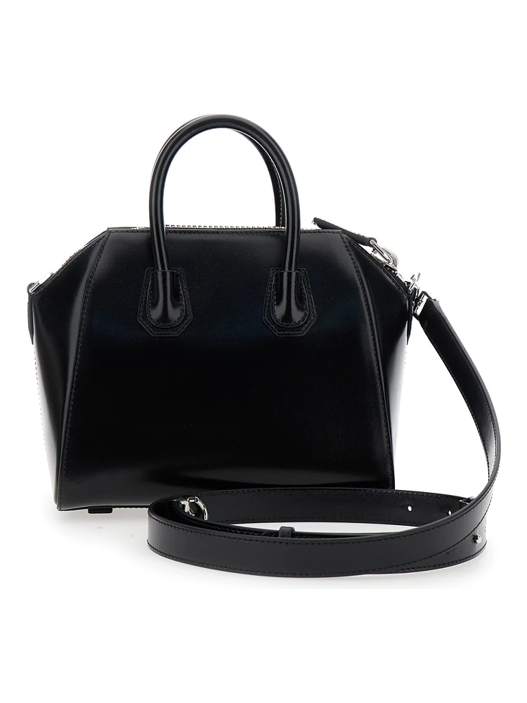 Antigona Small Black Handbag with Laminated Logo in Hammered Leather Woman alternative