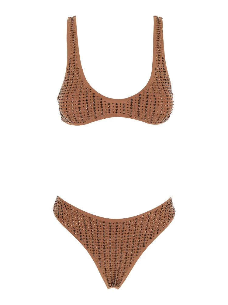 Brown Bikini with Stud Embellishments in Tech Fabric Stretch Woman