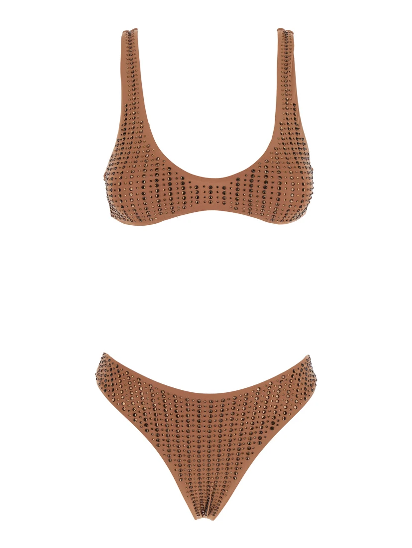 Brown Bikini with Stud Embellishments in Tech Fabric Stretch Woman