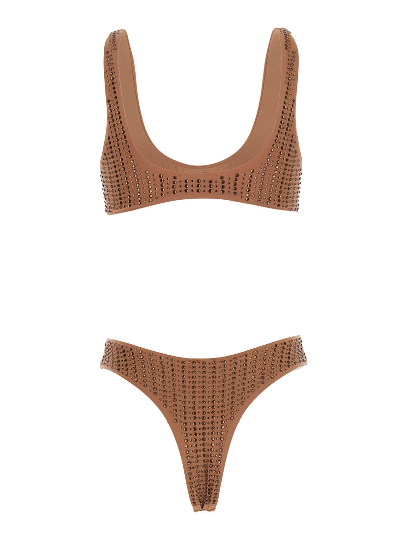 Brown Bikini with Stud Embellishments in Tech Fabric Stretch Woman