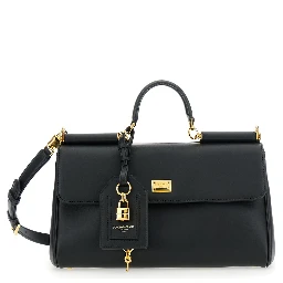 Black Handbag with Padlock Detail and Adjustable and Removable Shoulder Strap in Leather Woman