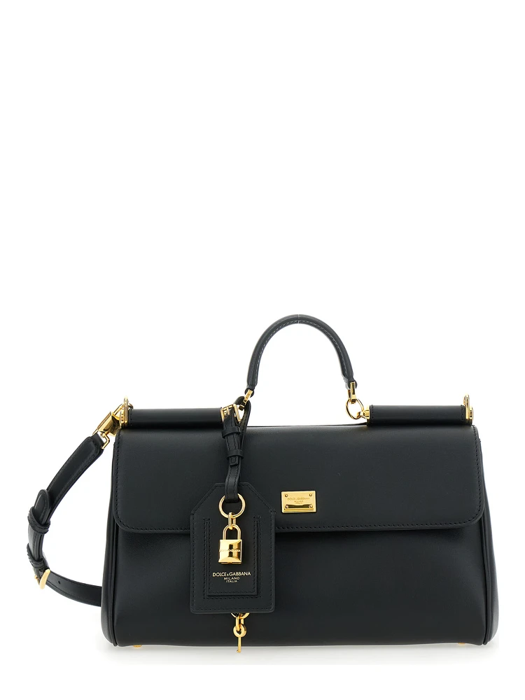 Black Handbag with Padlock Detail and Adjustable and Removable Shoulder Strap in Leather Woman