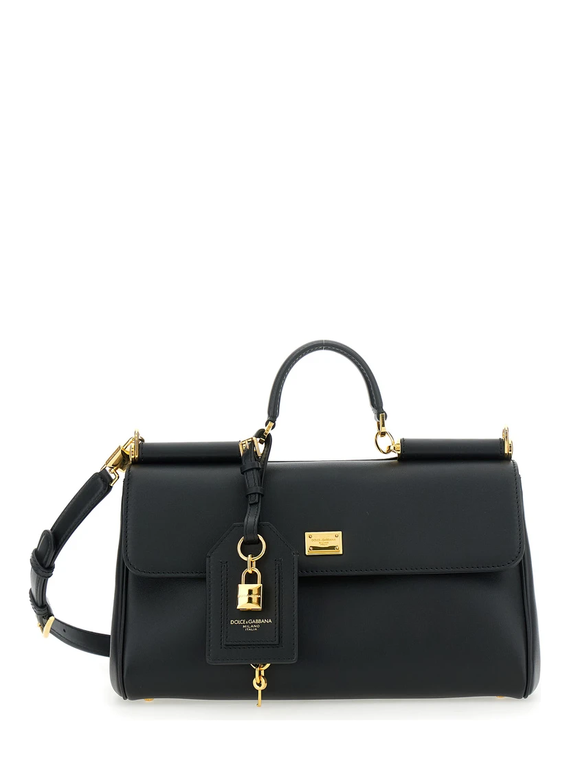 Black Handbag with Padlock Detail and Adjustable and Removable Shoulder Strap in Leather Woman
