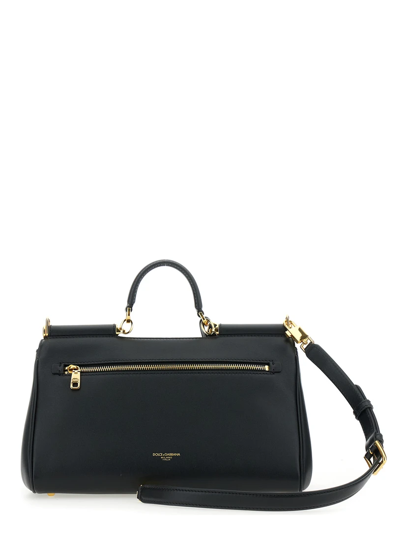 Black Handbag with Padlock Detail and Adjustable and Removable Shoulder Strap in Leather Woman