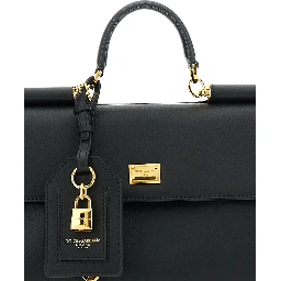 Black Handbag with Padlock Detail and Adjustable and Removable Shoulder Strap in Leather Woman
