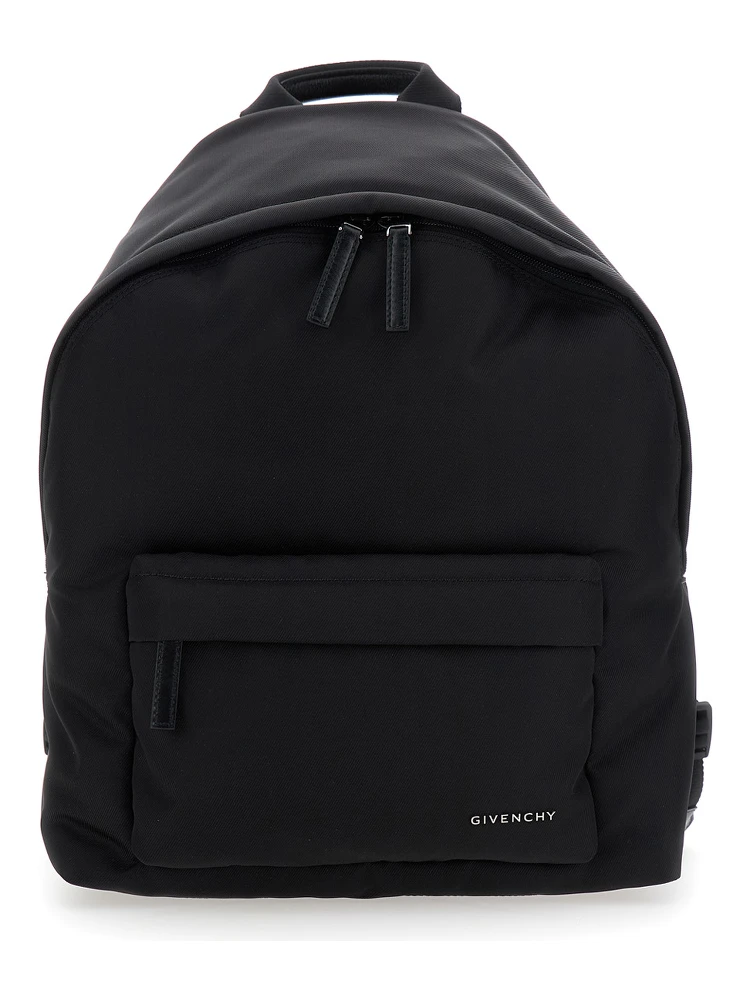 Black Backpack with Adjustable Shoulder Straps and Logo on Front in Tech Fabric Man