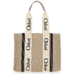 Medium Woody Beige Handbag with Logo Lettering on the Front in Linen Woman
