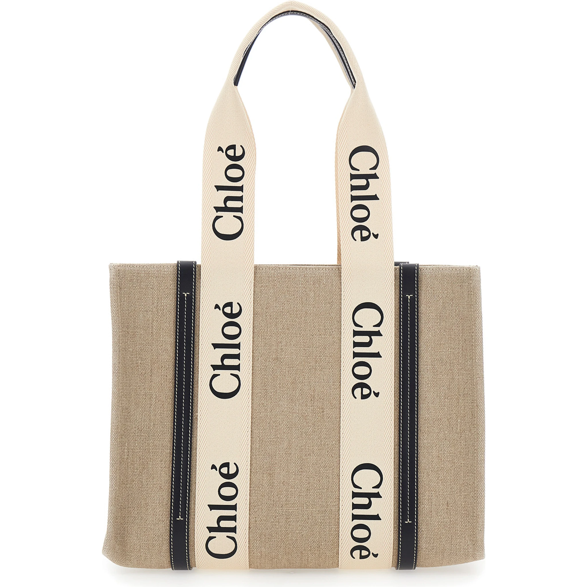 Medium Woody Beige Handbag with Logo Lettering on the Front in Linen Woman