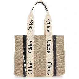 Medium Woody Beige Handbag with Logo Lettering on the Front in Linen Woman