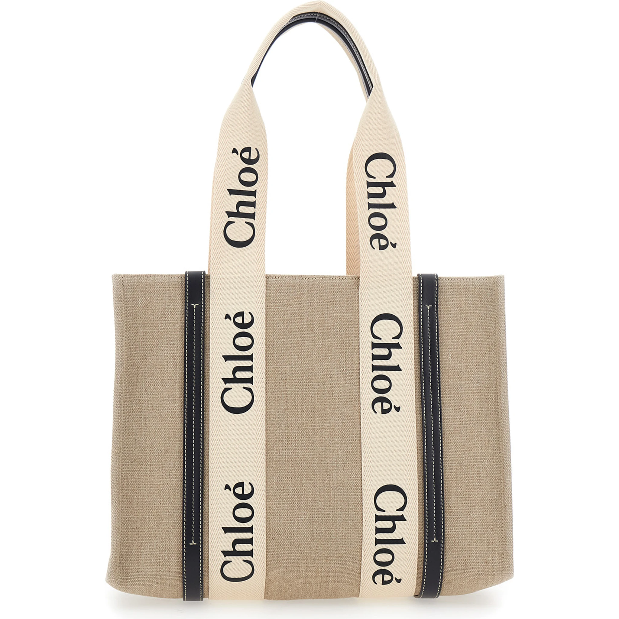 Medium Woody Beige Handbag with Logo Lettering on the Front in Linen Woman