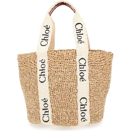 Woody Beige Shoper with with Logoed Shoulder Strap in in Woven Natural Fibers Woman