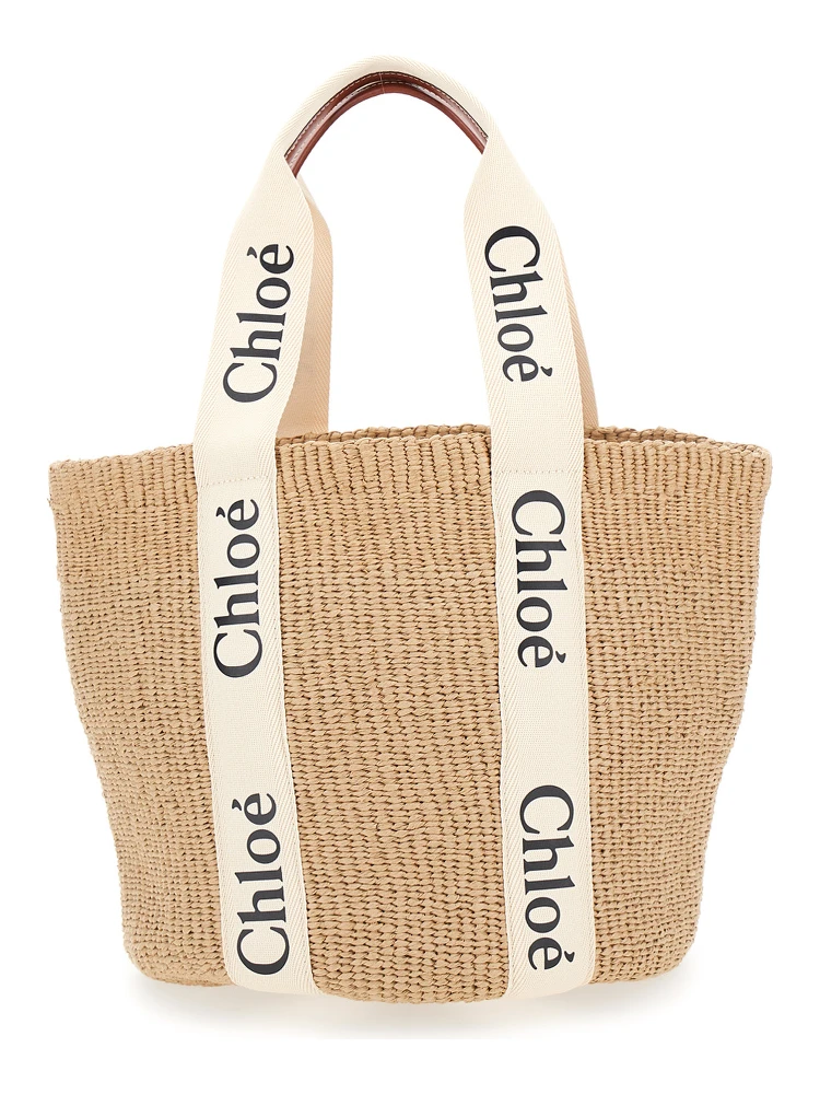 Woody Beige Shoper with with Logoed Shoulder Strap in in Woven Natural Fibers Woman