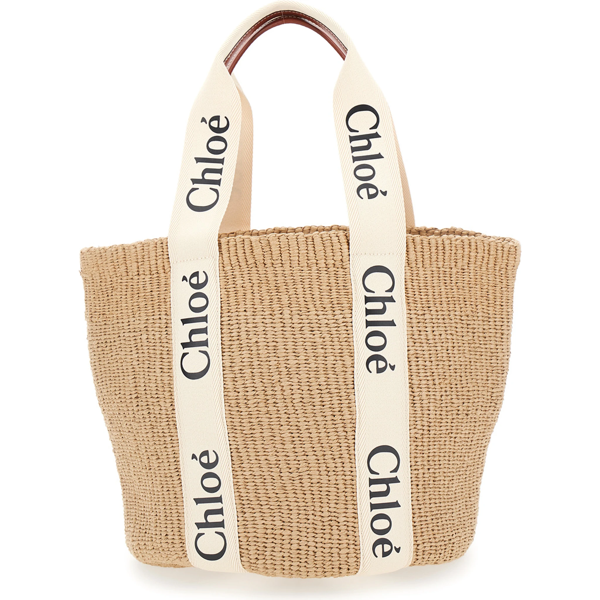 Woody Beige Shoper with with Logoed Shoulder Strap in in Woven Natural Fibers Woman