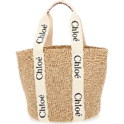Woody Beige Shoper with with Logoed Shoulder Strap in in Woven Natural Fibers Woman
