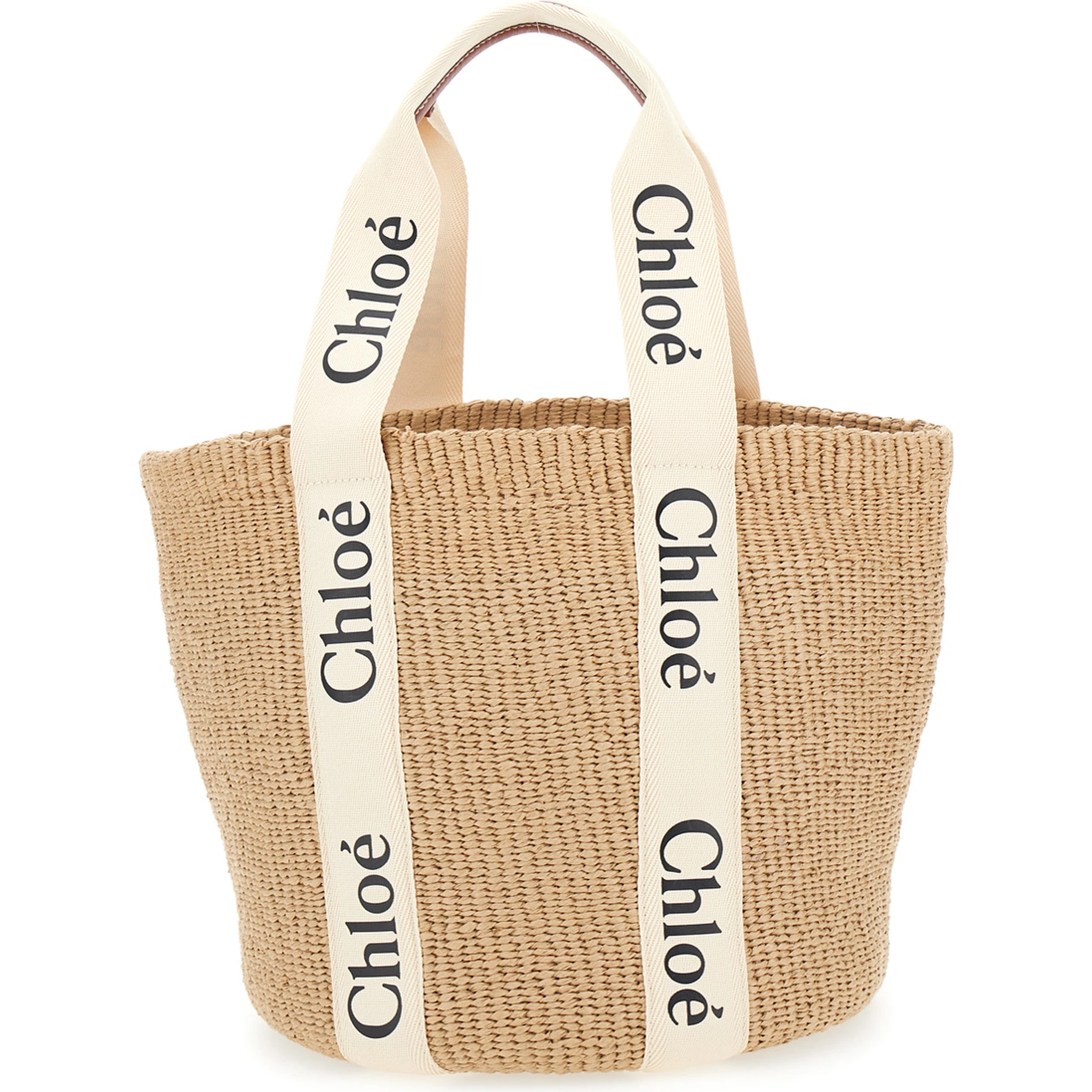 Woody Beige Shoper with with Logoed Shoulder Strap in in Woven Natural Fibers Woman