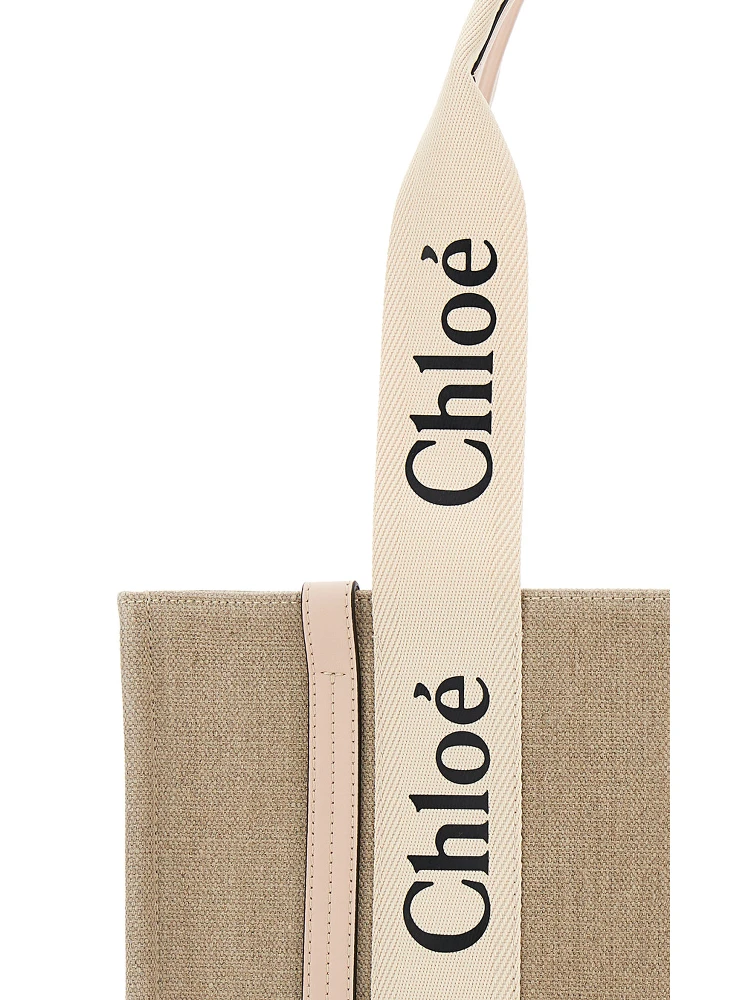 Medium Woody Beige Handbag with Logo in Canvas Woman alternative