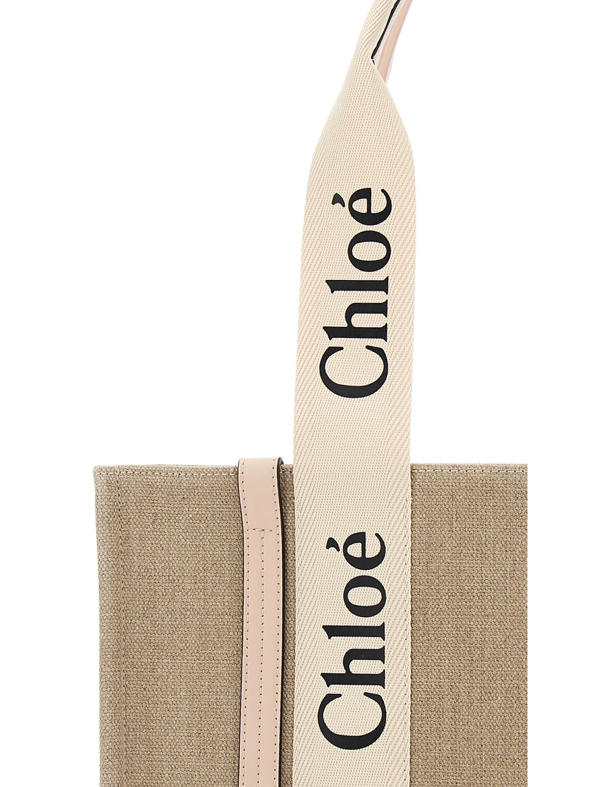 Medium Woody Beige Handbag with Logo in Canvas Woman