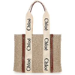 Medium Woody Beige Handbag with Logo Lettering on the Front in Linen Woman
