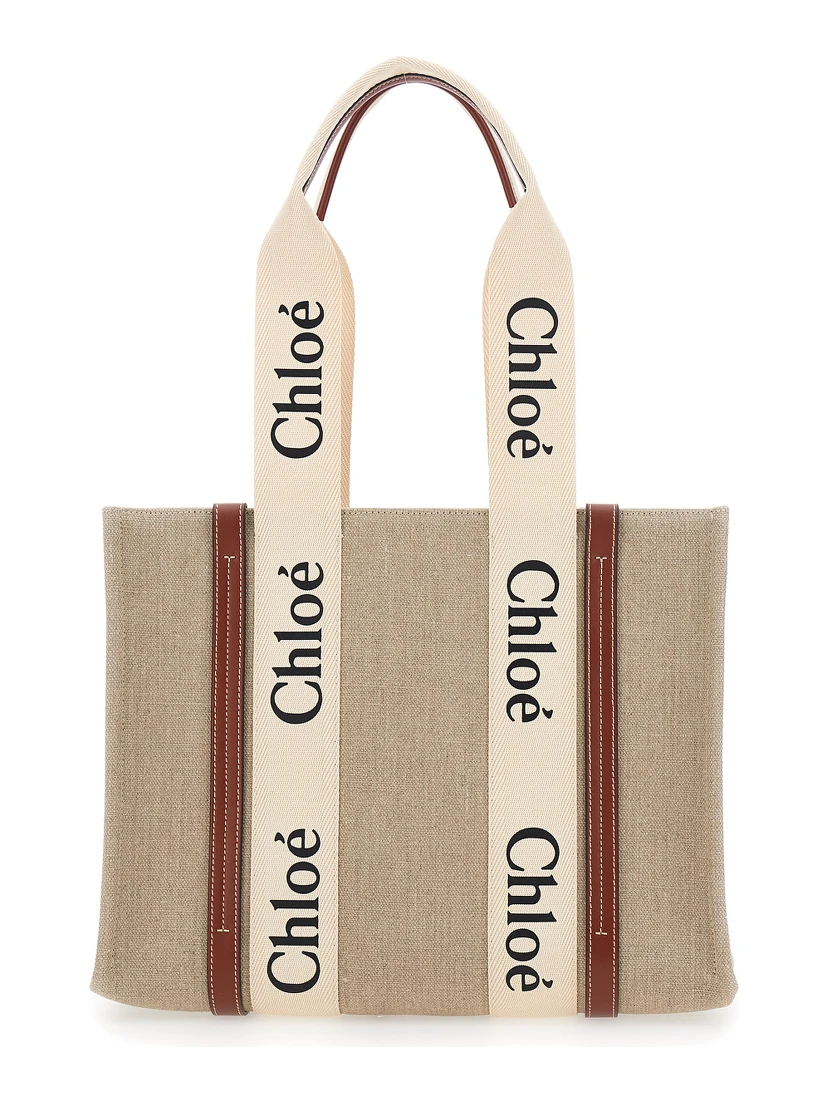 Medium Woody Beige Handbag with Logo Lettering on the Front in Linen Woman