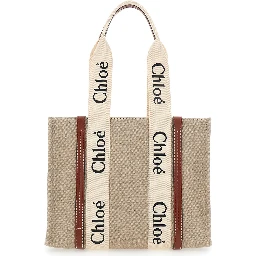 Medium Woody Beige Handbag with Logo Lettering on the Front in Linen Woman