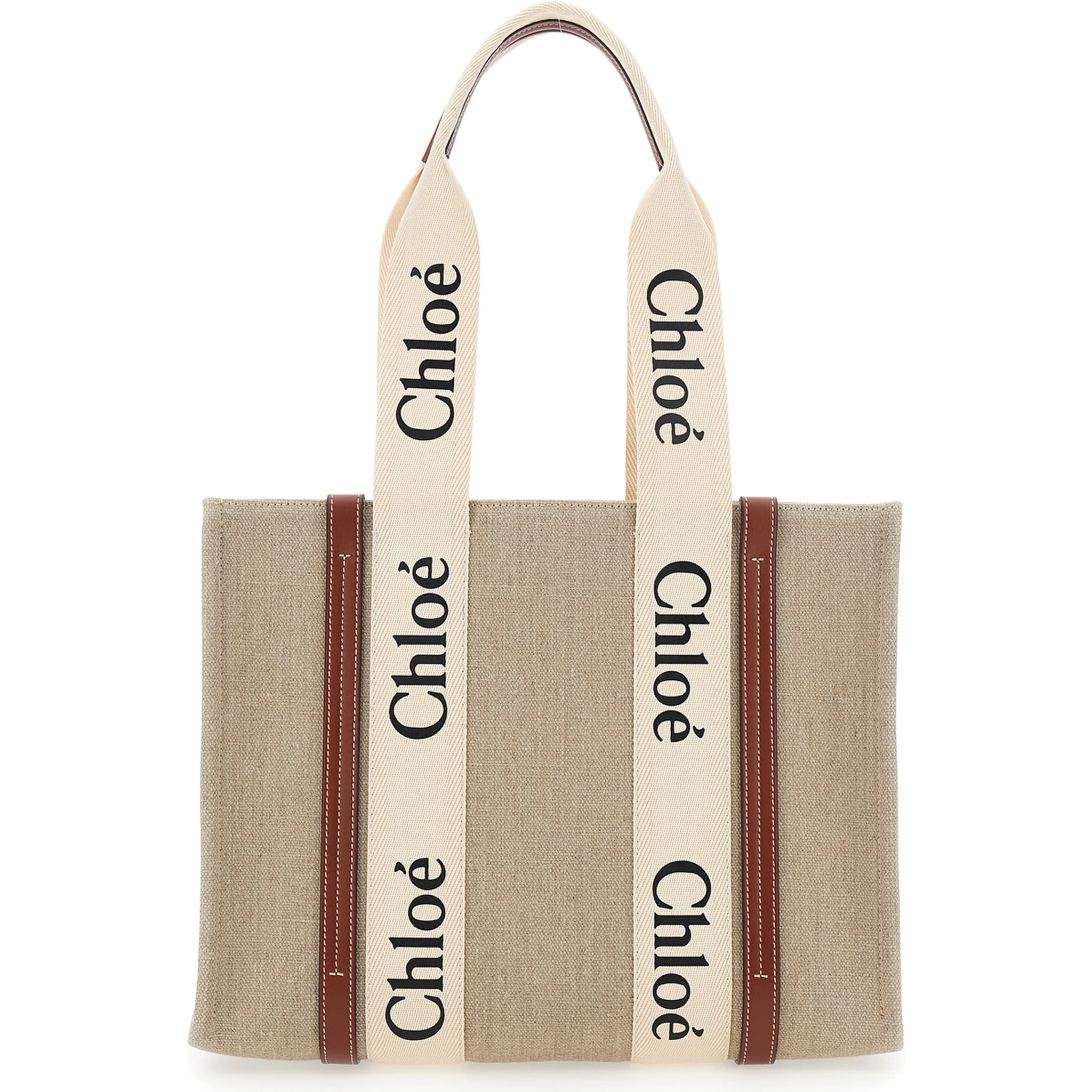 Medium Woody Beige Handbag with Logo Lettering on the Front in Linen Woman