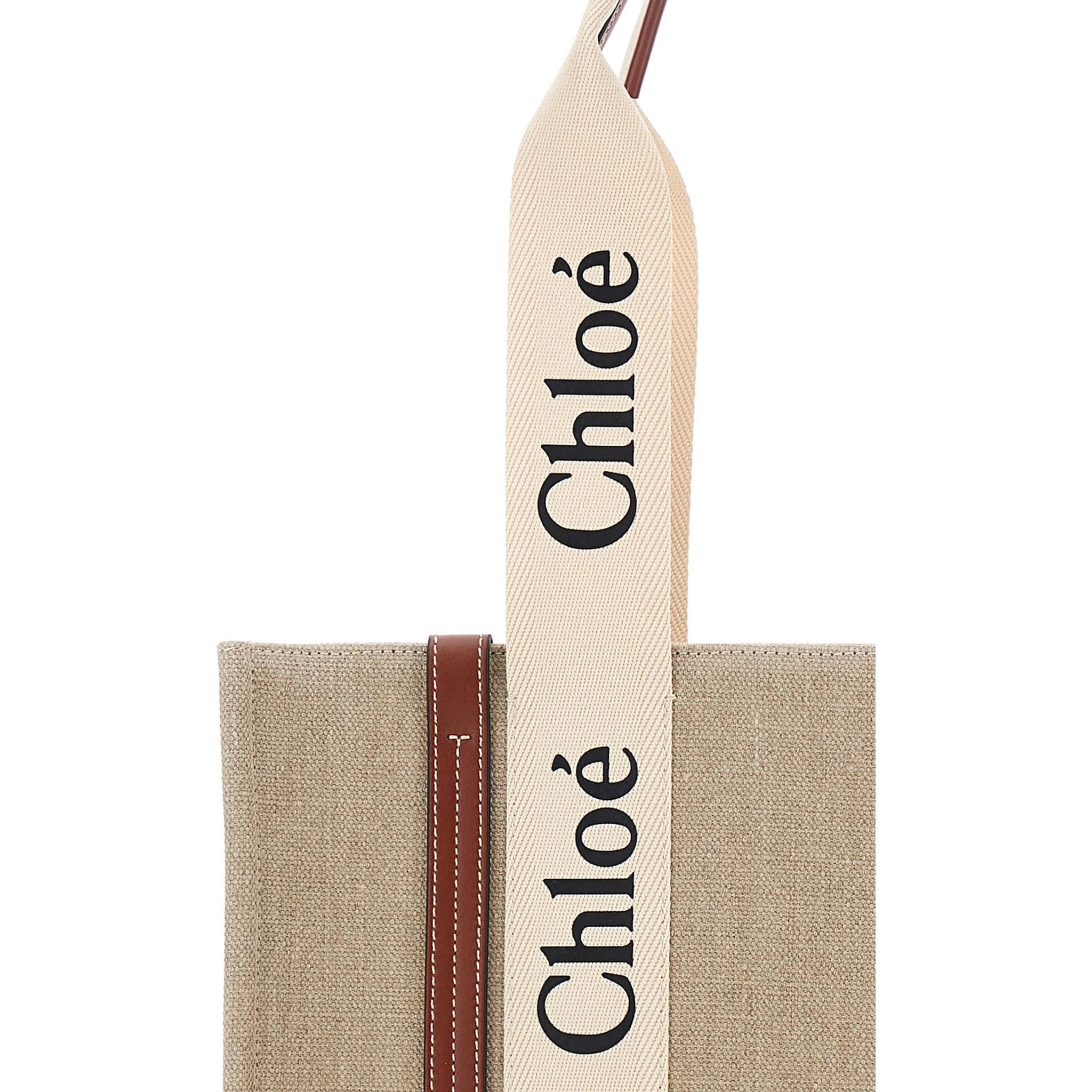 Medium Woody Beige Handbag with Logo Lettering on the Front in Linen Woman