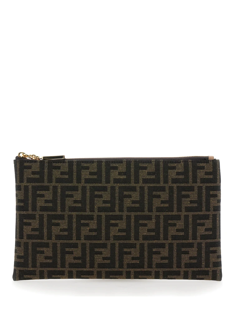 Medium Baguette Brown Flat Pouch in FF Jacquard Fabric Woman