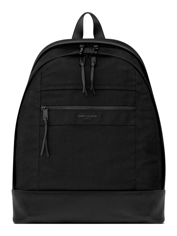 City backpack in black nylon canvas and leather