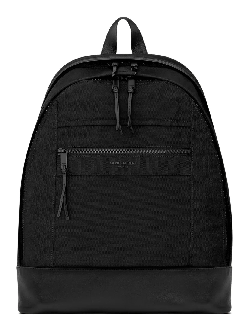 City backpack in black nylon canvas and leather
