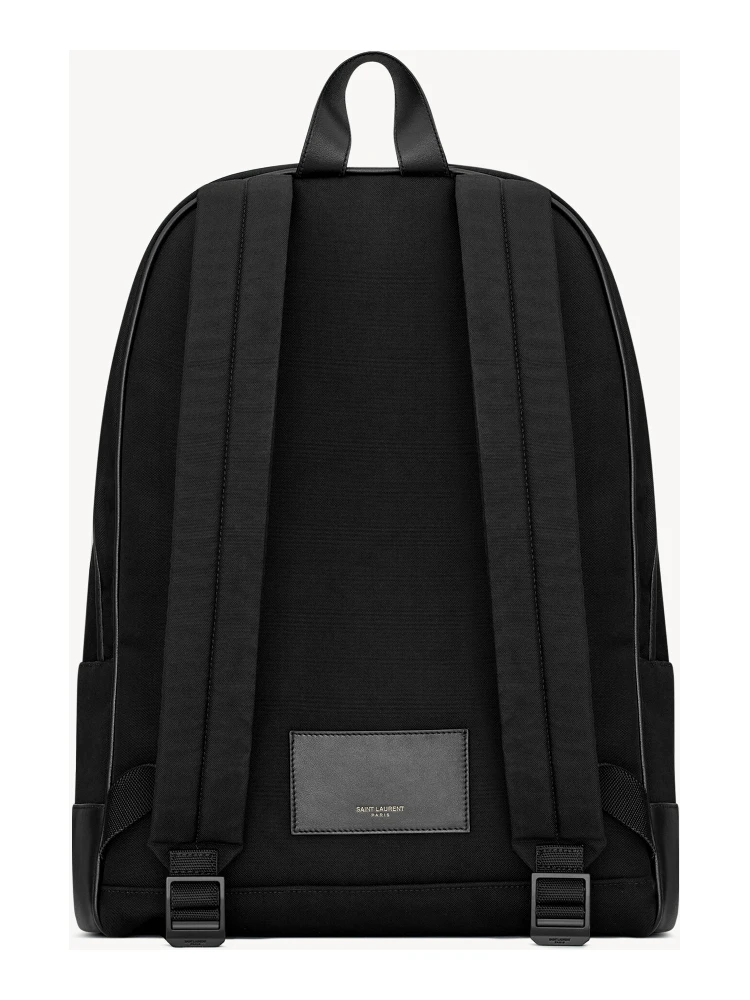 City backpack in black nylon canvas and leather alternative